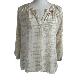 Cynthia Rowley Snakeskin Blouse Small Beige Cream Neutral 3/4 Balloon Sleeves
